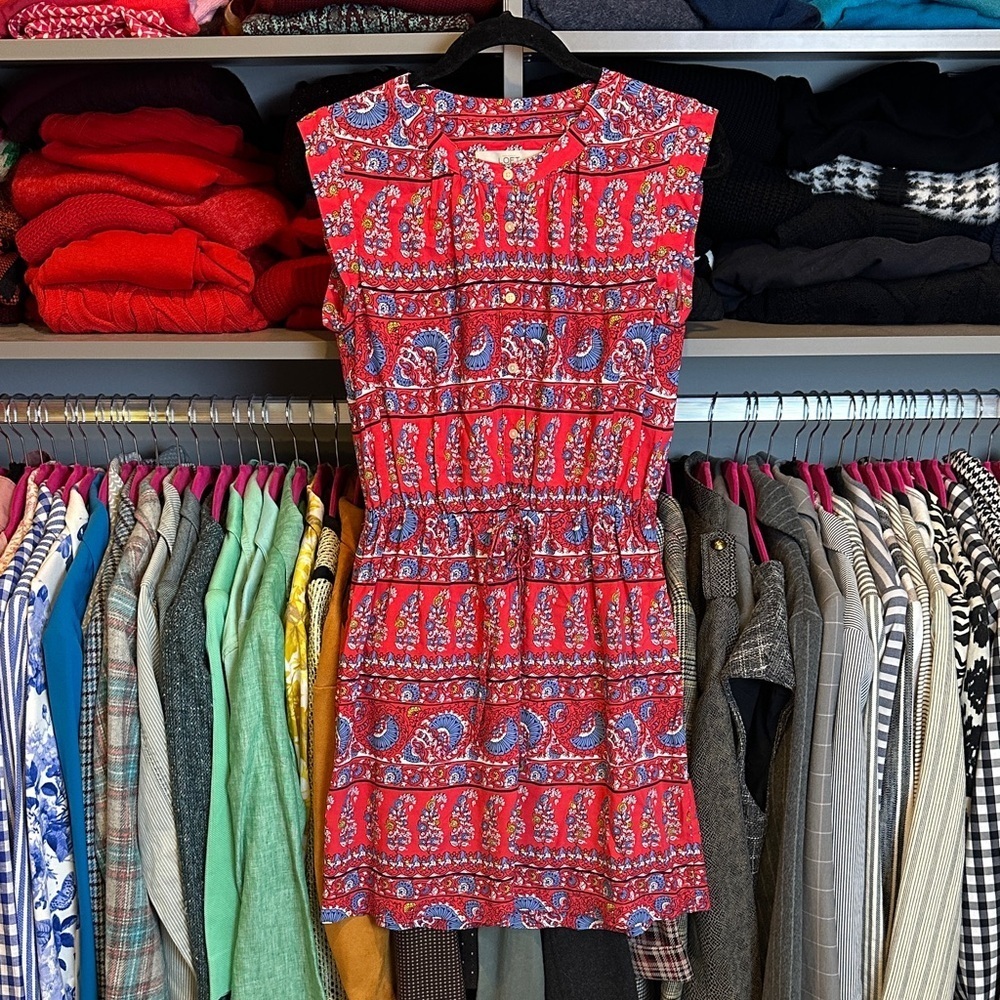 Loft red/blue print sleeveless cinch waist front button closure dress size XS